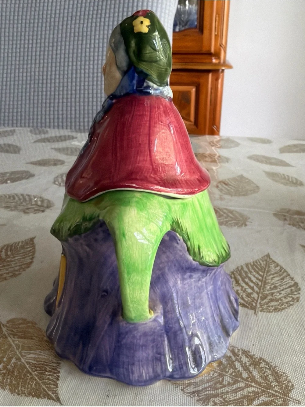 Hand-Painted Vintage Ceramic Figurine Sugar Bowl in Purple, Green, Red English